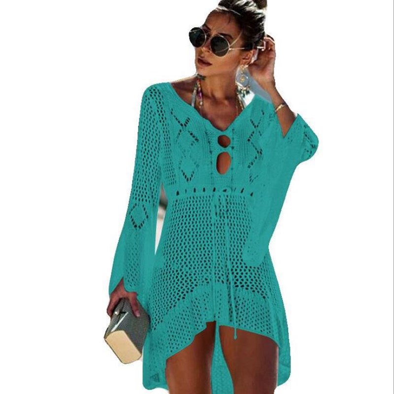 New Crochet For Women Knitted Tassel Tie Beachwear Summer Fashion Swimsuit Cover Up Sexy See-through Beach Dress