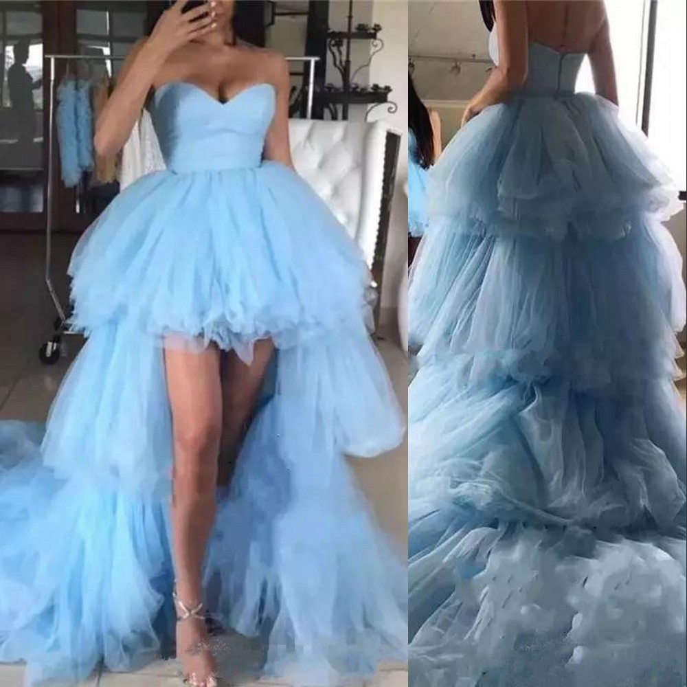 Vintage Light New Sky Blue Prom Dresses Sweetheart Tulle Tiered High Low Ball Gown Formal Evening Dress Wear Graduation Tail Party Gowns s