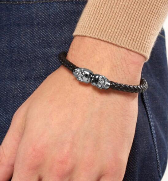 Sell Mens Black Genuine Leather Braided Skull Bracelets Men Women Stainless Steel Gold North Skull Bangle Fashion Jewelry