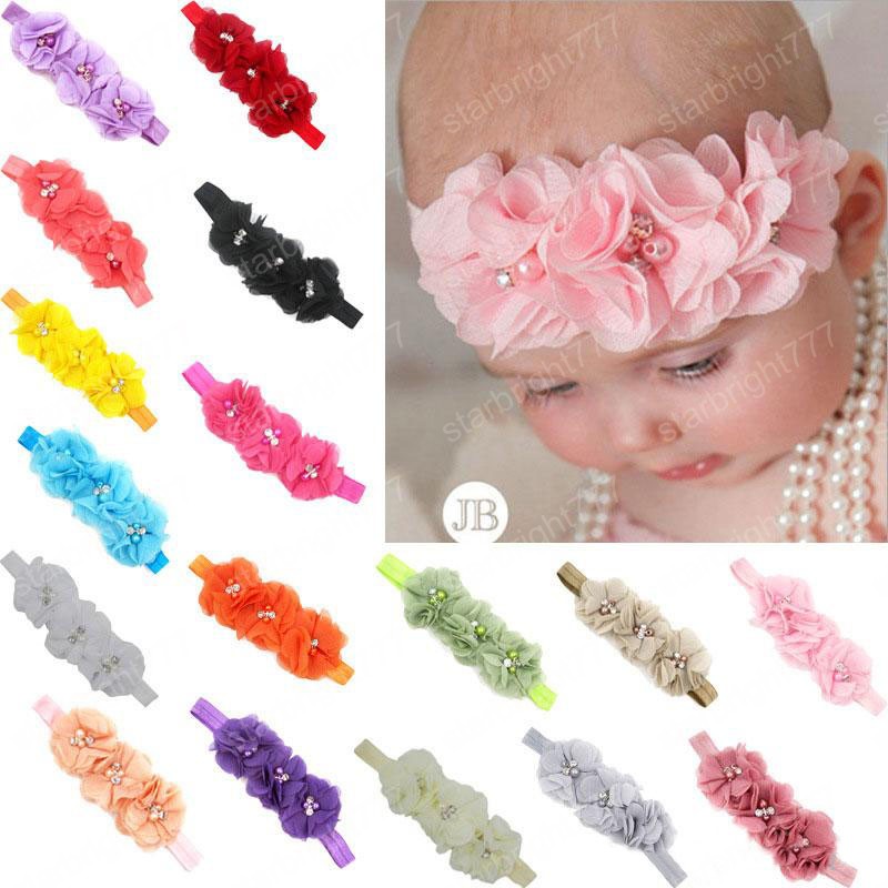 New Baby Girl 3 Flower Headband Kids Princess Headwrap Beads Tulle Elastic Ornaments Hairband Children Hair Accessories
