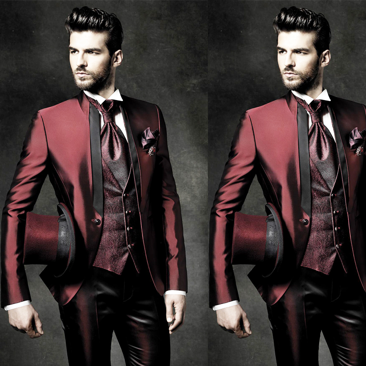 Groomsmen Shawl Lapel Wedding Tuxedos 2 Pieces Shiny Burgundy Slim Fit Mens Pants Best Men Formal Blazer