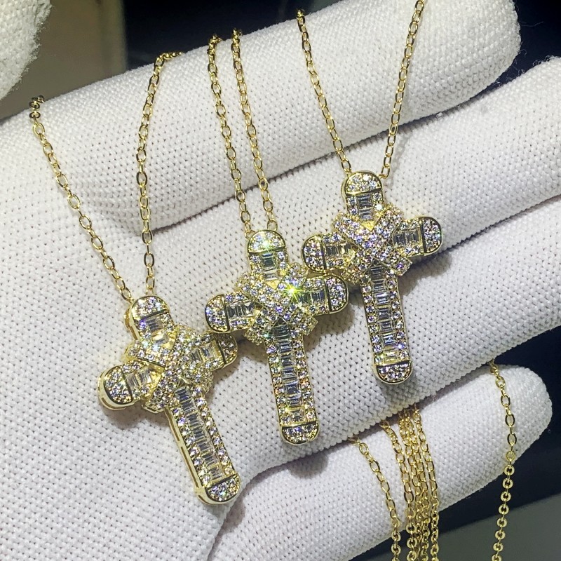 New Sparkling Handmade Fine Jewelry 925 Sterling Silver&Gold Fill Large Small Cross Pendant Christianity Party Clavicle Women Necklace