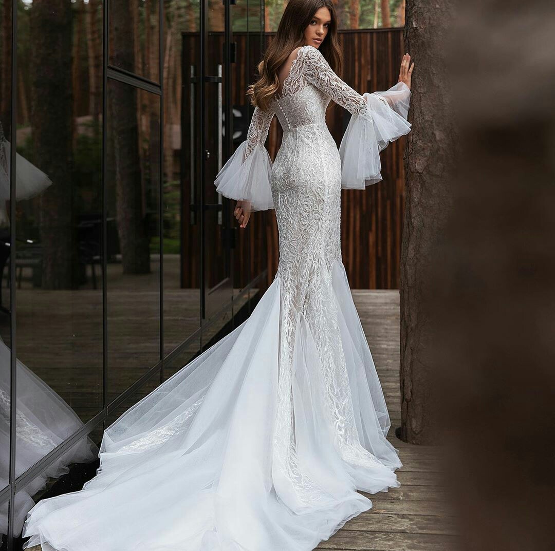 Long Sleeves Mermaid Wedding Dresses 2020 V Neck Tulle Sweep Train Bridal Gowns Custom Made Lace vestidos de novia