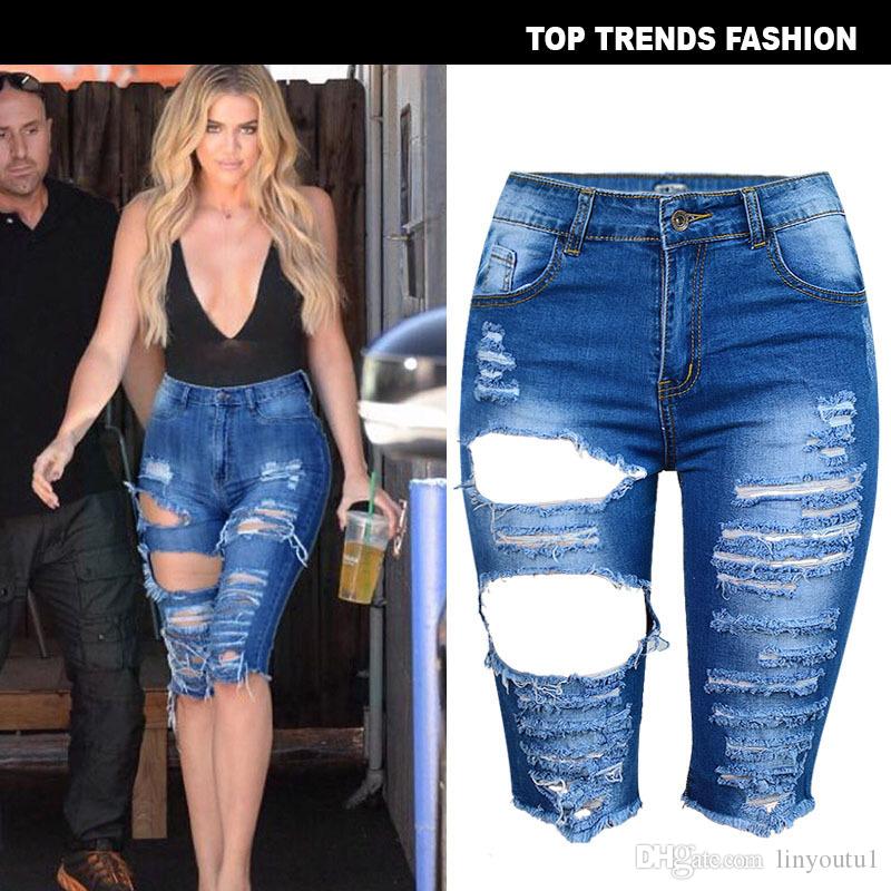 2020 women jeans Elastic Destroyed Women Hole Leggings Short Pants Denim Shorts Ripped Jeans Straight Zipper 2020