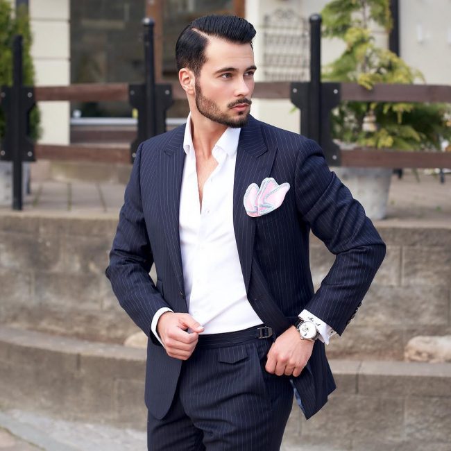 New Pinstripe Groom Wedding Tuxedos Peaked Lapel Men Pant Suit Handsome 2 Pieces Groomsmen Wear Formal Blazer