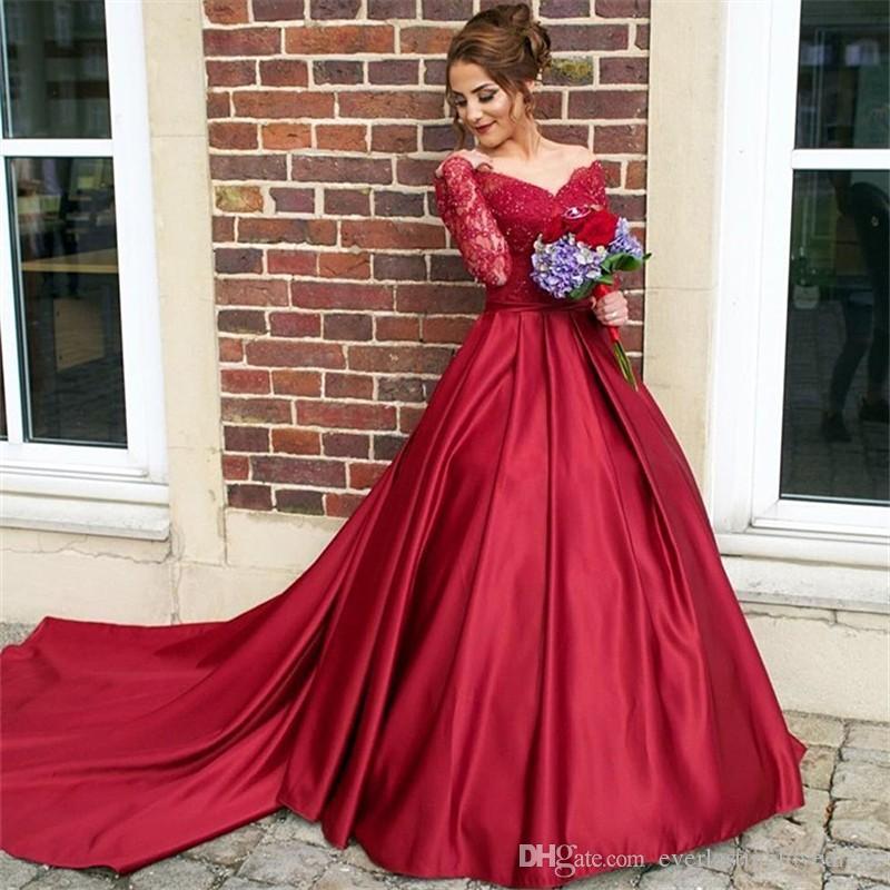 Satin Sexy Amazing Red Wedding Dresses V Neck Off The Shoulder With Long Lace Sleeves Floor Length Bridal Gowns Robe De Mariee Princesse