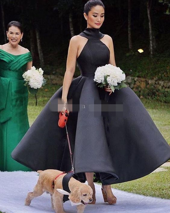 2020 Latest Satin Ballgown Prom Dresses High Neck Black White Big Bow Plunging Ankle Length Custom Made Evening Gown Formal Occasion Wear