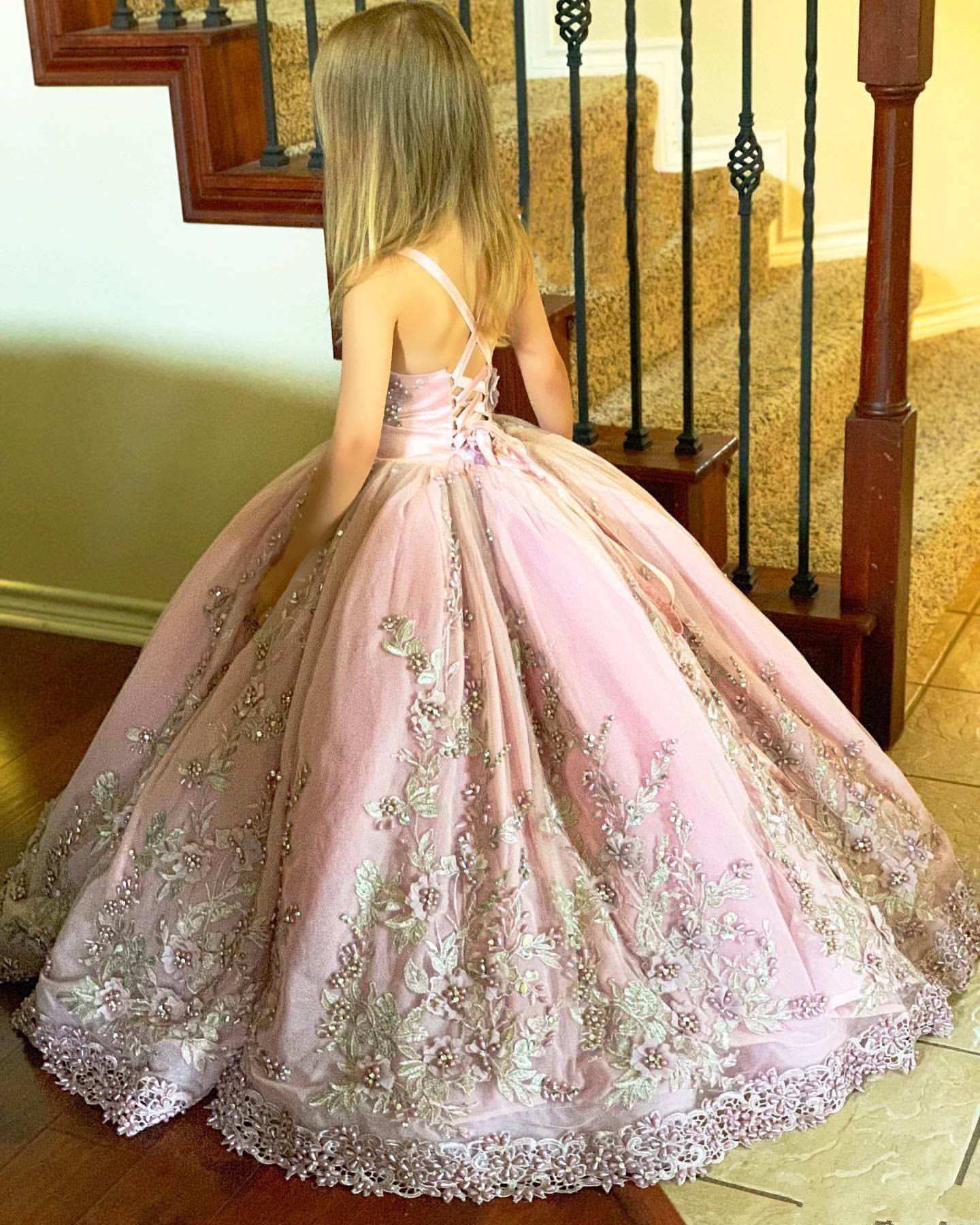 Flower Pink Ball Gown Girl Pearls Lace Appliqued Baby Toddler First Communion Gowns Formal Little Girl s Pageant Dresses AL s s