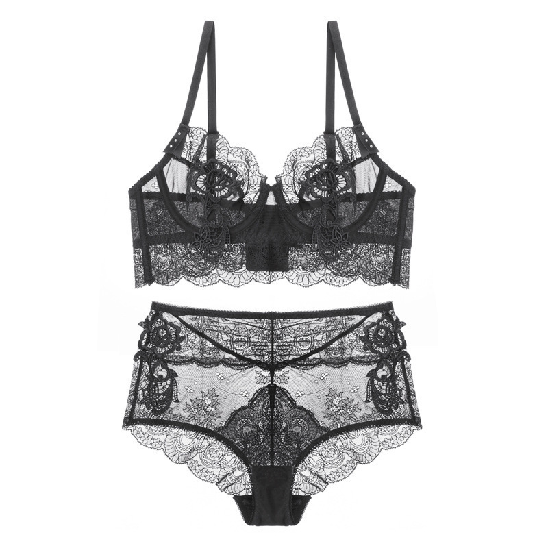 Floral Embroidery Sexy Lingerie Lace Female Intimates Ultrathin Cup Women Fashion Bra Set Transparent Bras Tall Waist PantiesQ190401