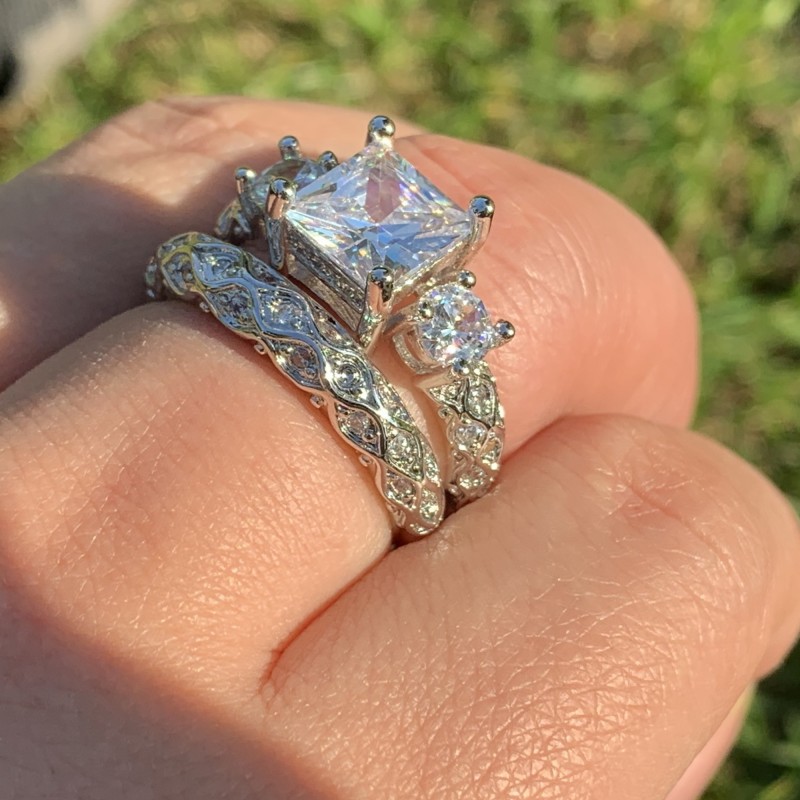 2020 New Arrival Top Selling Luxury Jewelry 925 Sterling Silver Princess Cut White Topaz CZ Diamond Gemstones Couple Rings Women Bridal Ring