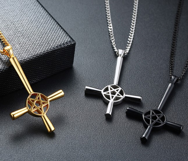 Daily Deals Choose silver gold black Stainless Steel Satan stand upside down Star Cross Pendant Mens Necklace Fashion jewelry 4mm24inch