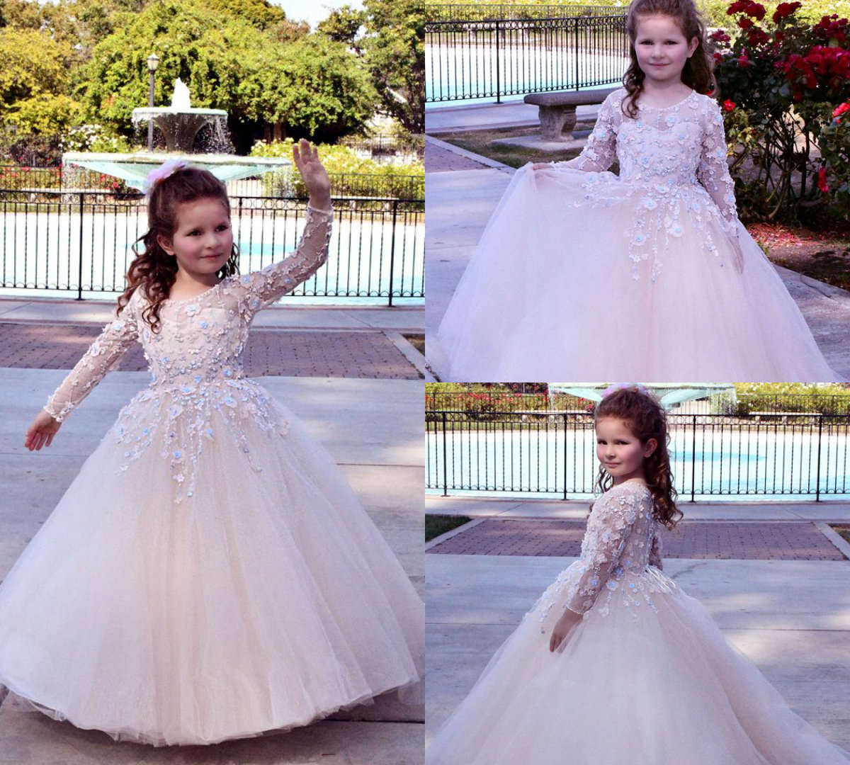 Princess Flower Girl Dresses Jewel Neck Lace Appliqued Beads Long Sleeves A Line Girls Pageant Dress With Free Petticoat Kids Formal Gowns