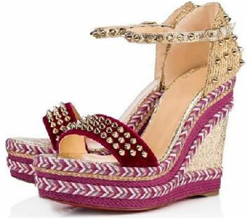Brand Design Women Peep Toe High Platform Rivet Wedge Sandals Ankle Strap Studded Super High Height Increased Wedges Dress Heels Shoes