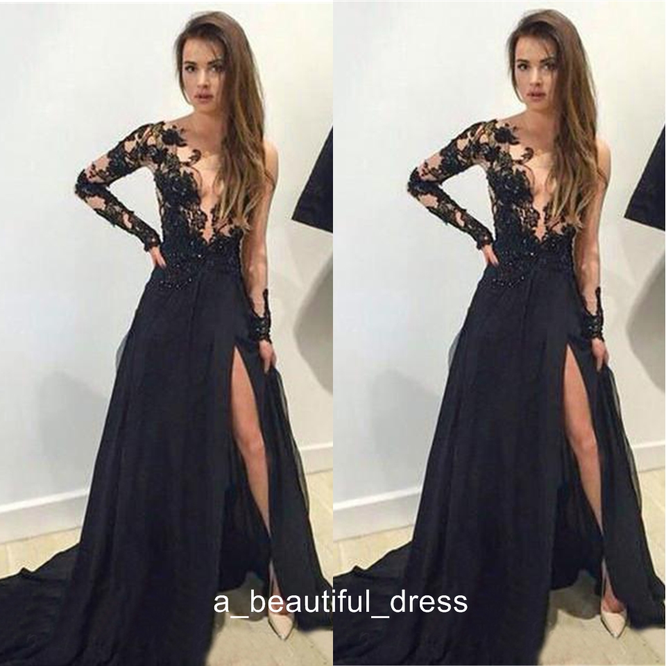 Gorgeous Black Long Prom Dress Sheer Lace Side Slit Special Occasion Dress Evening Party Dress Women Wear PD5561