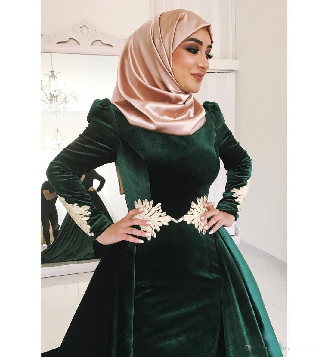 Hunter Green Velvet Muslim Evening Dresses High Neck Appliqued Plus Size Prom Gowns Long Sleeves Vestidos De Fiesta Overskirt Formal Dress