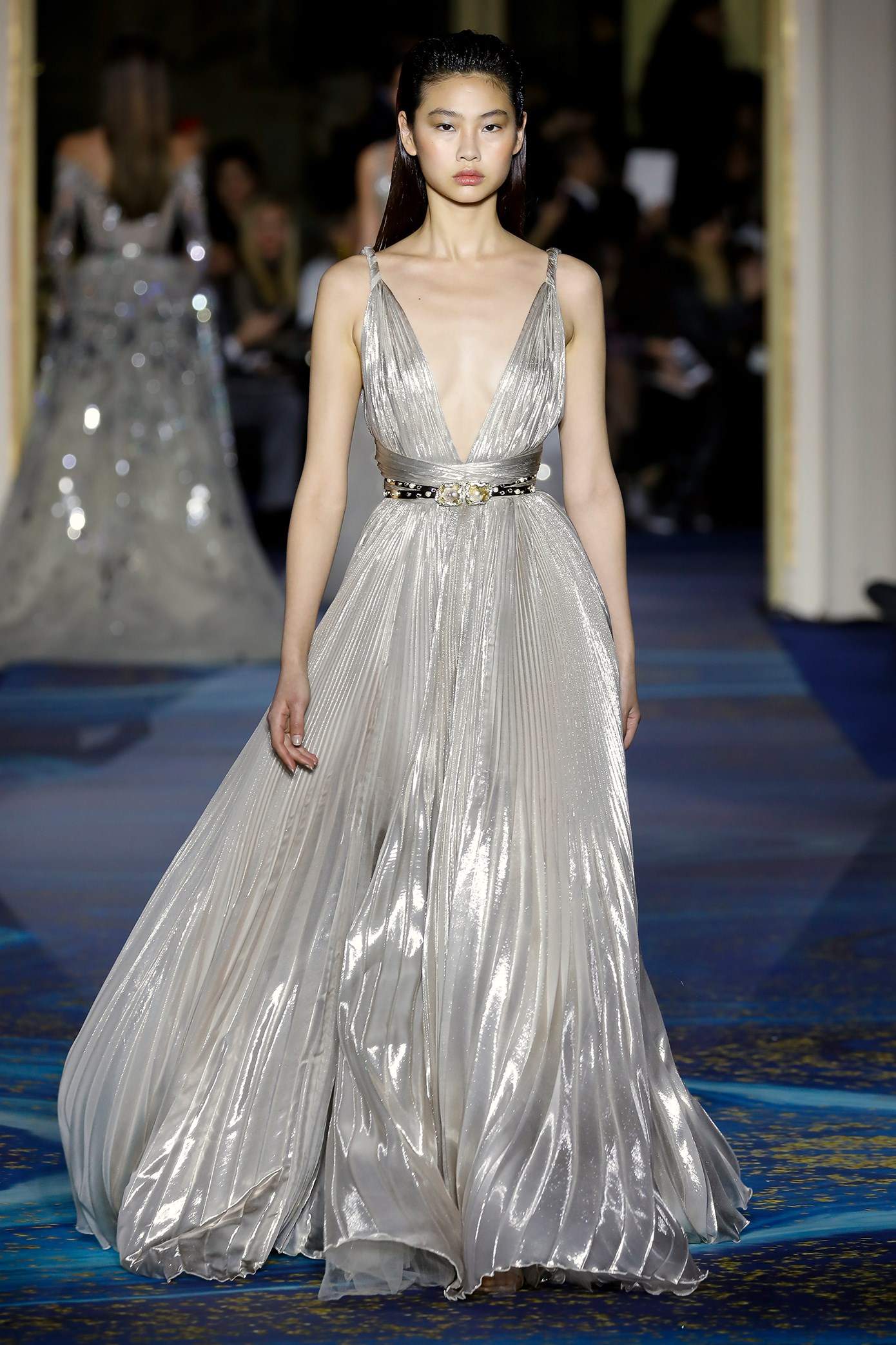 2019 Sexy Silver Prom Dresses Sleeveless Deep V Neck Ruched Zuhair Murad Evening Dress Floor Length Cocktail Party Gowns robes de soirée