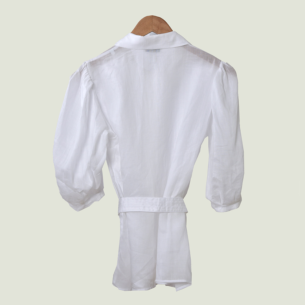 2020 Spring Summer 3/4 Sleeve Lapel Neck White Pure Color Belted Blouse Women Fashion Shirt W0615017
