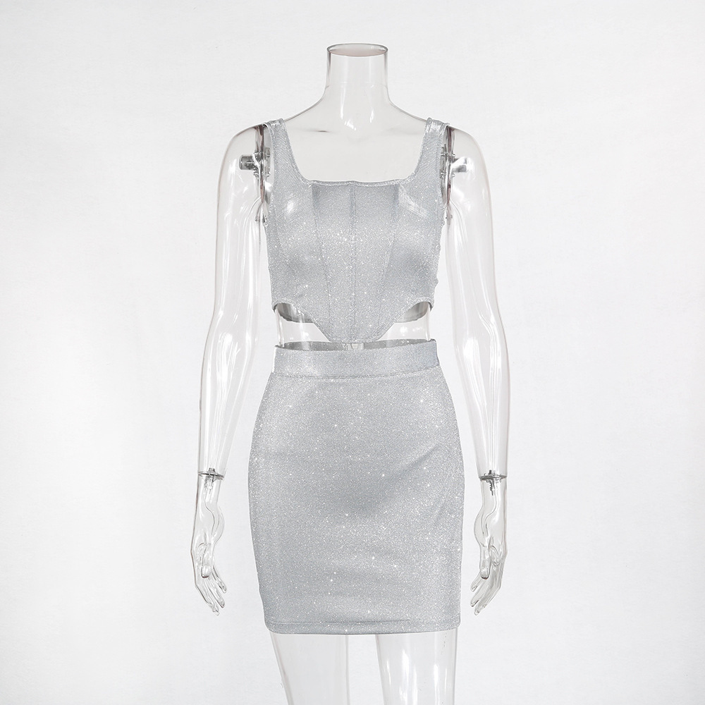 BOOFEENAA Silver Glitter Sexy Two Piece Set Crop Top and Skirt Women Club Outfits Birthday Party Matching Sets C55-AE71