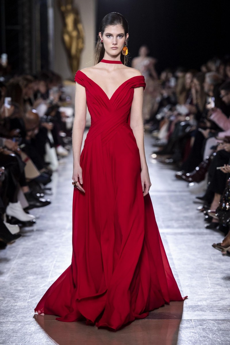 Red Elie Saab 2019 A Line Evening Dresses Off The Shoulder Cheap Prom Gowns Simple Sweep Train Party Dress