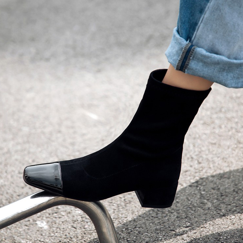 Elastic Ankle Sock Boots Chunky Heels Squre Toe Autumn Winter Slim Stretch Boots Suede Comfy Shoes Women Bota Feminina