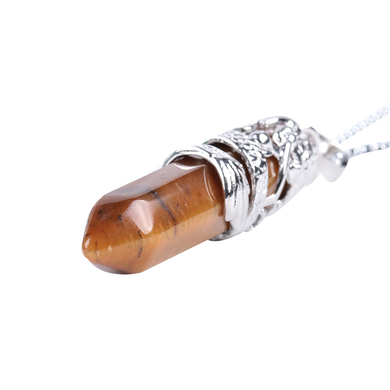 Dragon Tribe Totem Natural Stone Hexagonal Crystal Quartz Prism Ethnic Pendant Necklace Hanging Jewelry for Women Men