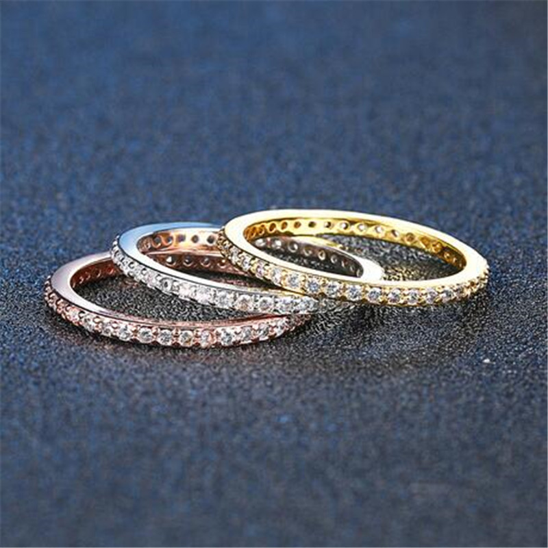 Simple Fashion Jewelry 925 Sterling Silver&Rose Gold Fill Pave White Sapphire CZ Diamond Eternity Women Wedding Engagement Band Ri