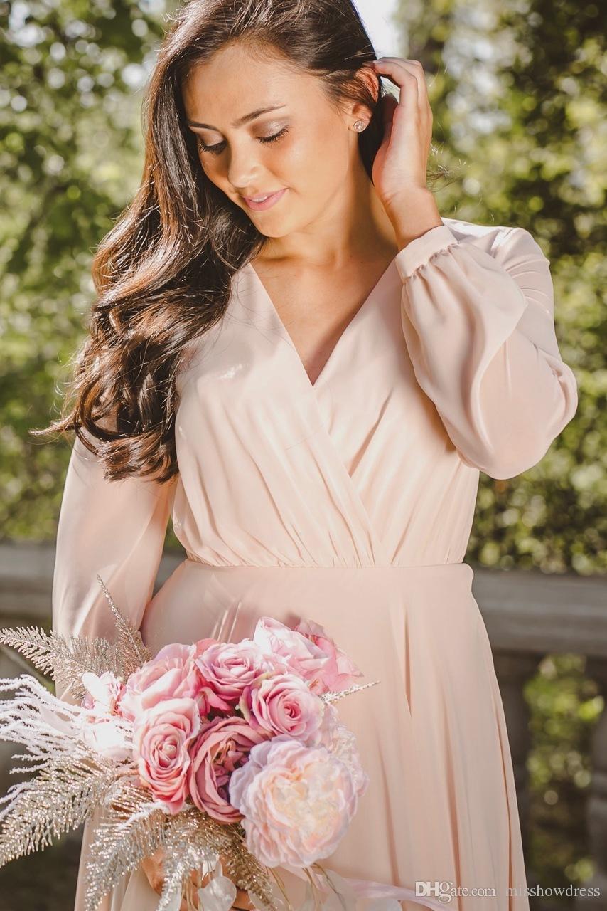 Romantic Bohemian Bridesmaid Long Sleeve Boho Wedding Guest Dress Chiffon Gowns Maid Of Honor Dresses For Weddings V Neck Plus Size 0510