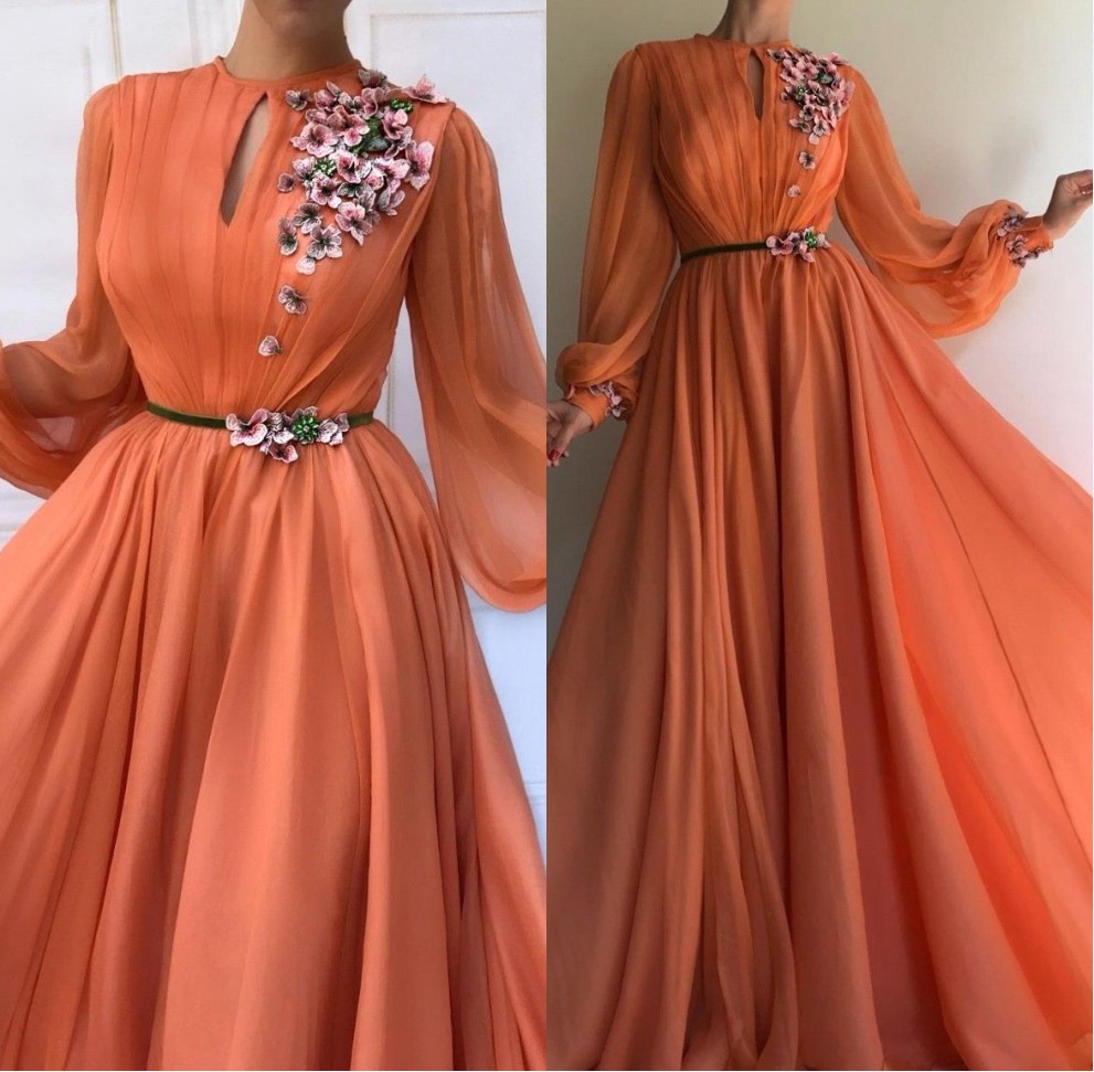 Muslim Orange Long Sleeves Flowers Dubai Evening Dresses A-Line Chiffon Islamic Saudi Arabic Prom Gown Robe de soiree