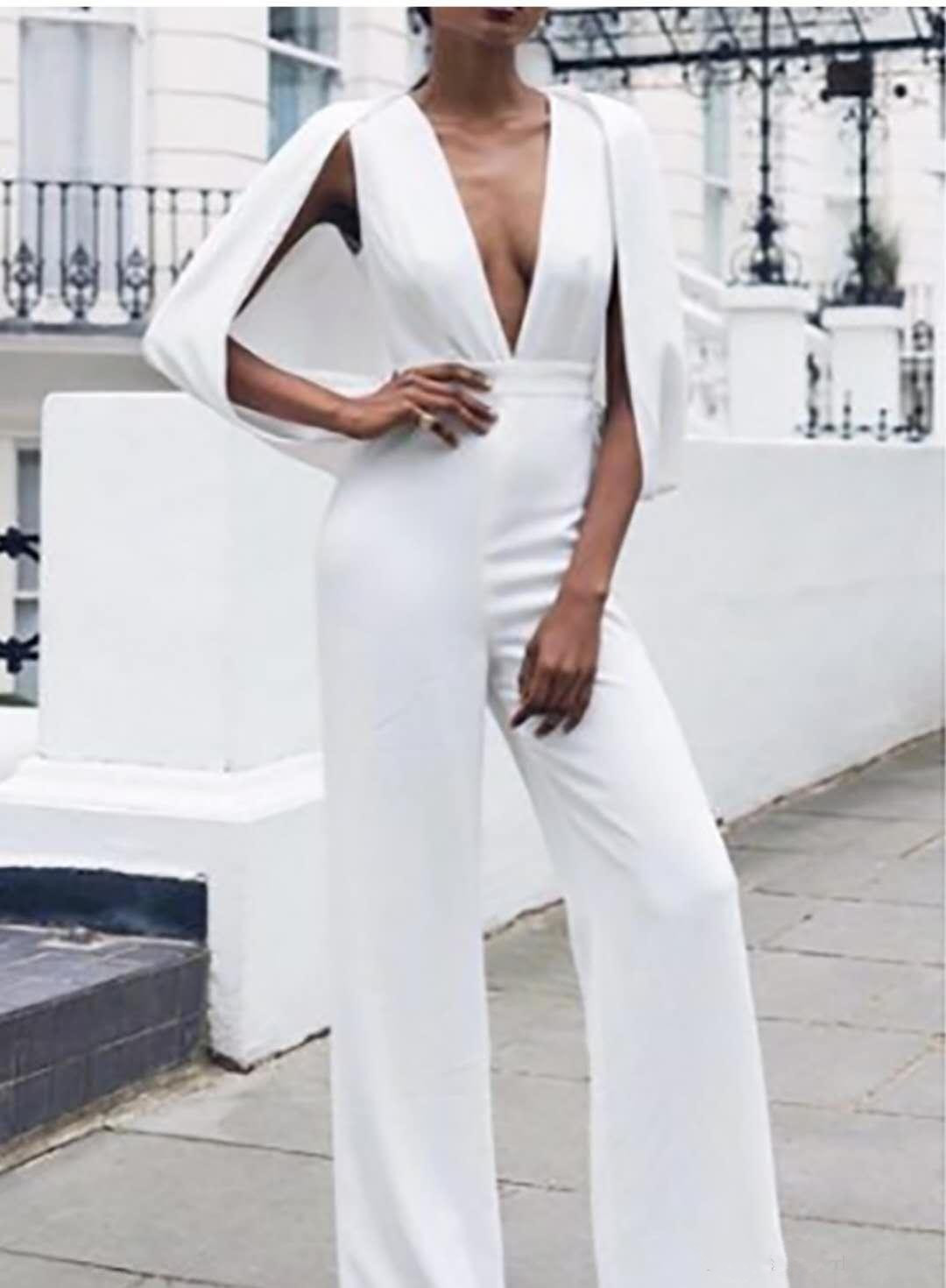 White Jumpsuits Evening Dresses With Wrap Deep V Neck Sexy Women Formal Dresses Floor Length Prom Party Gowns Custom Made