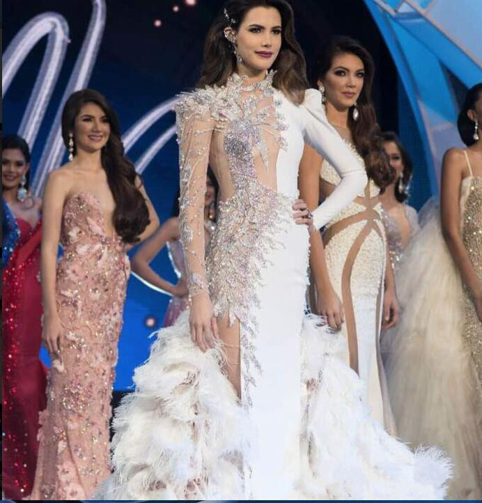 Yousef Aljasmi High Neck Split Evening Dresses Feather Long Sleeves Mermaid 2019 Crystal Moroccan Kaftan Prom Dress Formal Party Gowns