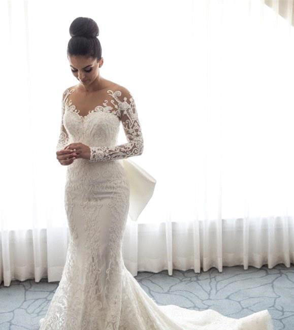 Mermaid Long Sleeve Wedding Dress Lace Appliques Garden Country Church Bride Bridal Gown Custom Made Plus Size