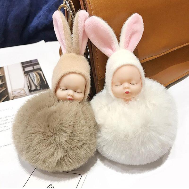 30pcs /Lot Plush Dolls Keychains Lovely Rabbit Ear Sleeping Baby Key Ring Creative Gift Fashion Jewelry For Girls Bag Decoration