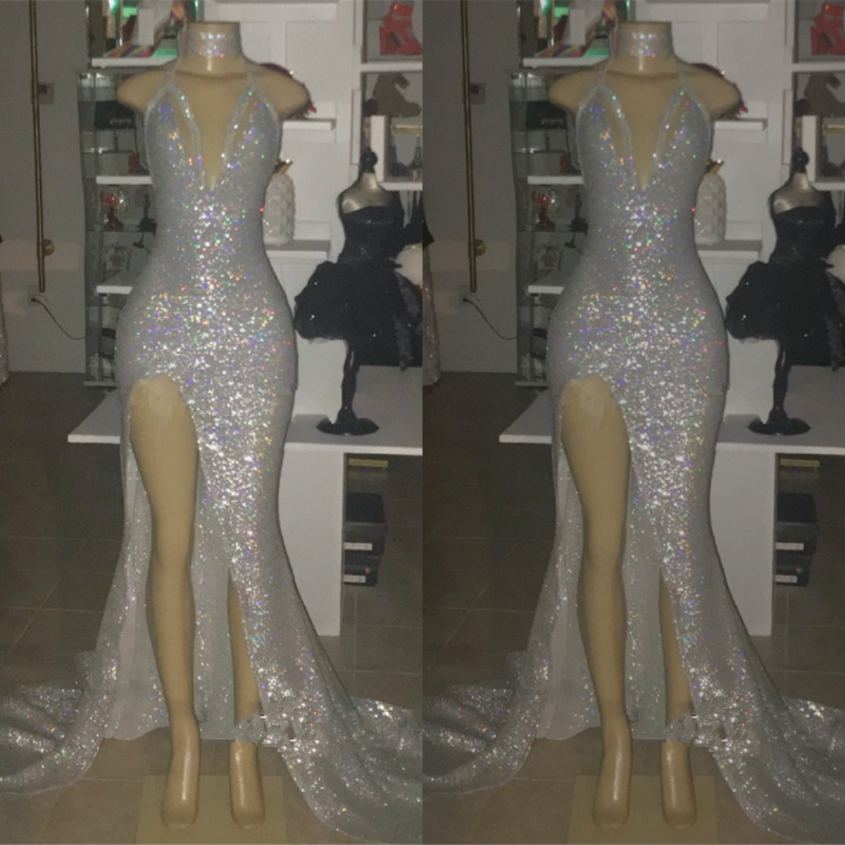bling bling silver mermaid prom dresses spaghetti sequined glitters side split sweep train plus size evening gowns abendkleider