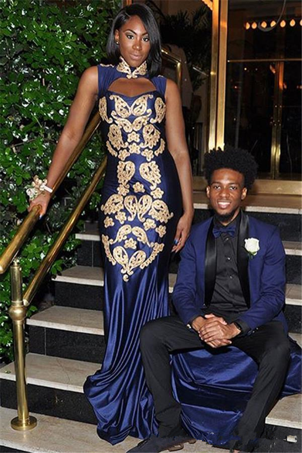 Royal Blue Mermaid Prom Dresses Gold Appliques High Neck Sweep Train South African Plus Size Evening Gowns Abendkleider Formal Wear