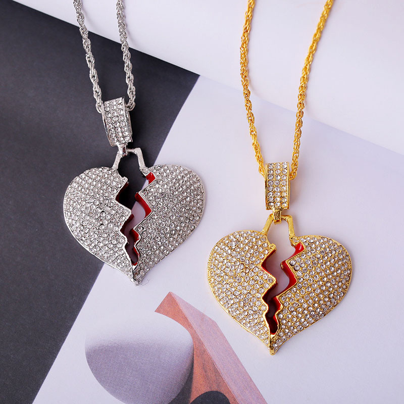 Iced Out Chains Broken Heart Pendant Necklaces Men's Bling Crystal Rhinestone Love Charm Gold Silver Twisted Chain for Women Hip Hop Jewelry