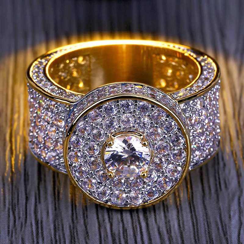 Sophisticated Men's Hip Hop Style Ring with Large 18k Gold Plate & Sparkling CZ Diamonds