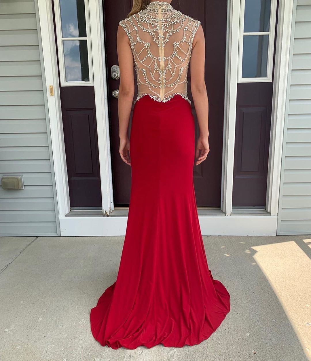 2020 Red Beaded Prom Dresses High Neck Rhinestone Crystal Side Split Long Evening Dress Party Wear Custom Made Formal Occasion Gowns