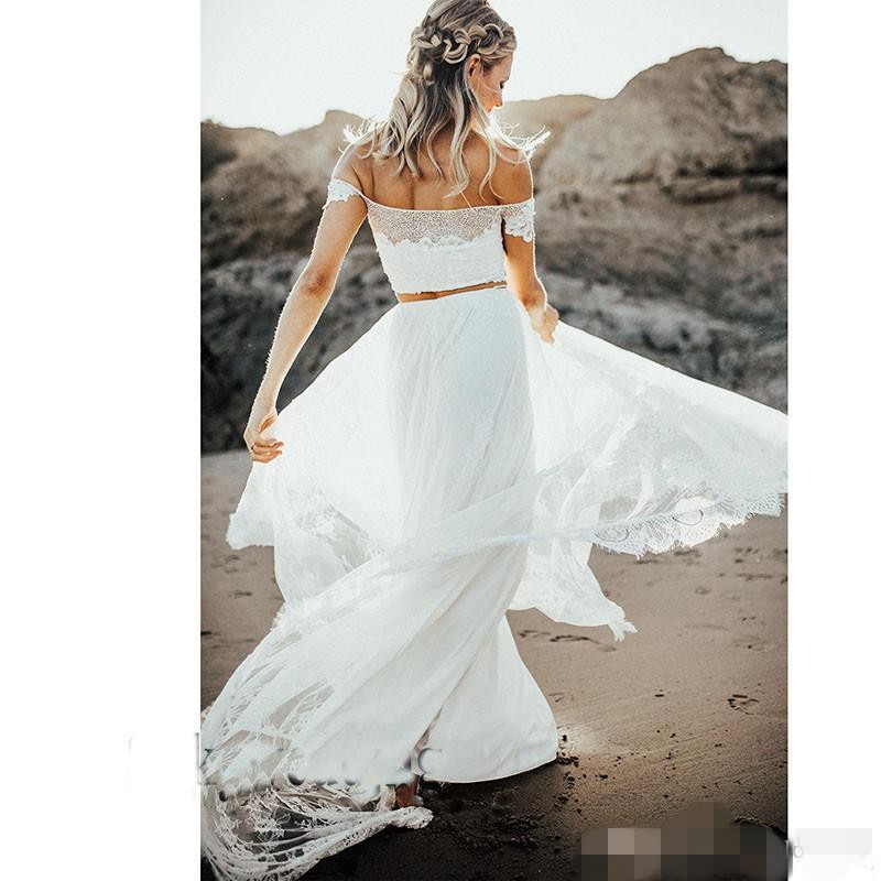 Two Piece Dresses Elegant Off Shoulder Cap Sleeves Lace Applique Floor Length Custom Made Boho Beach Wedding Gown