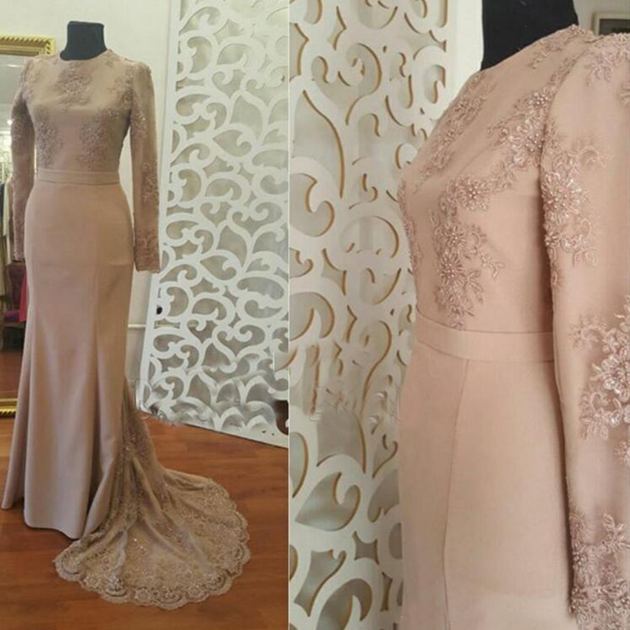 Mermaid Lace Arabic Muslim Evening Dresses 2019 High Neck Long Sleeves Satin Prom Dresses Sexy Vintage Bridesmaid Formal Gowns