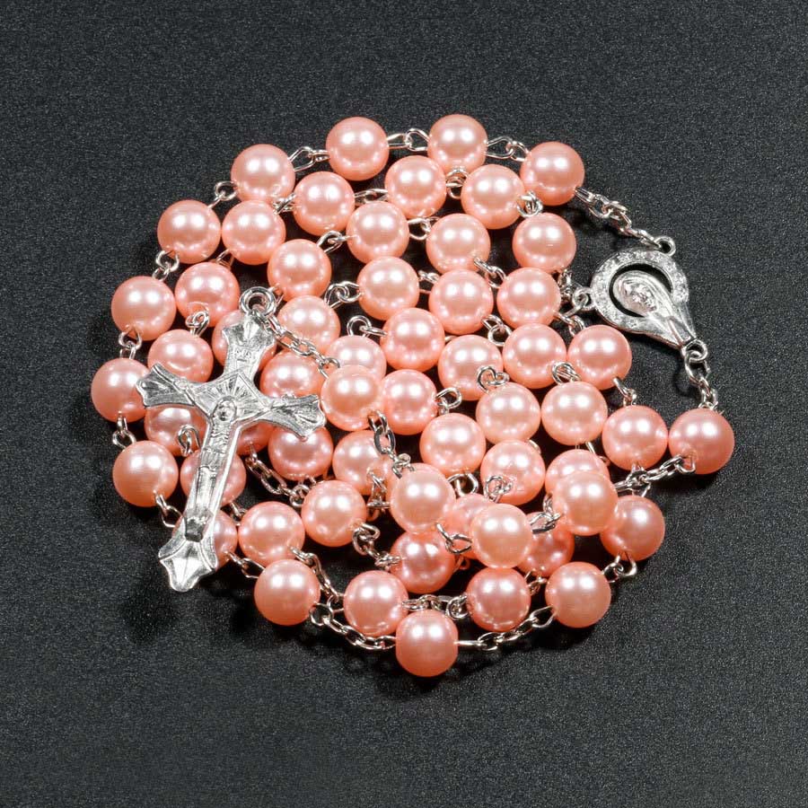 7 Colors Religious Catholic Rosary Necklaces Jesus Cross Pendant Long 8mm Pearl Beaded Chains For Women Men Christian Jewelry Accessories Gift Aesthet