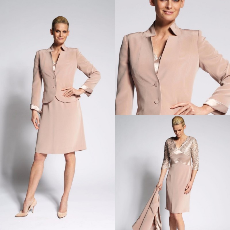 Champagne 2019 Satin Mother Of The Bride Dresses With Jacket Knee Length V Neck Lace Evening Gowns Plus Size Wedding Guest Dresses