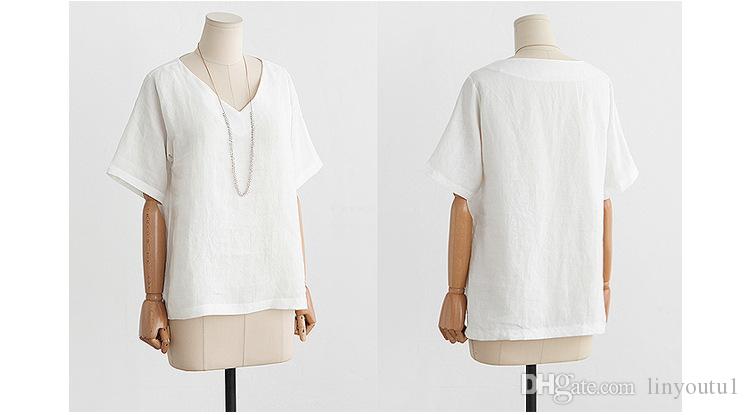 2020 New Fashion V-neck T Shirt Women Flax Basic Female TShirt Summer White Sexy TShirt Women Cotton Vintage Loose Thin T Shirts XXXL