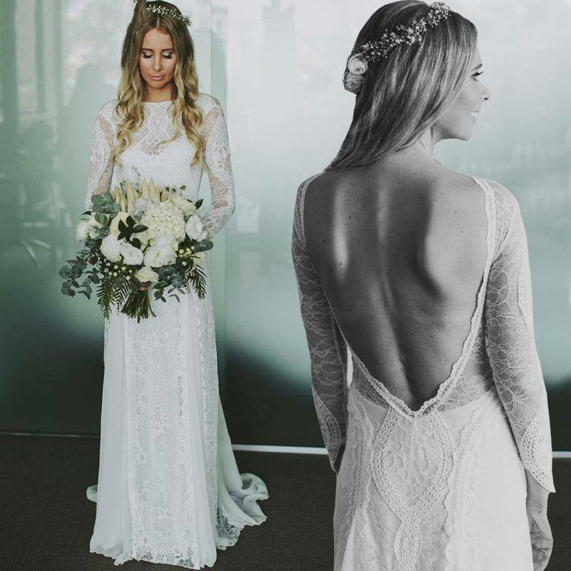 Bohemian Plus Size Mermaid Wedding Dresses Jewel Neckline Long Sleeve Lace Backless Country Garden Bridal Gowns Vestido De Novia 2019 Cheap