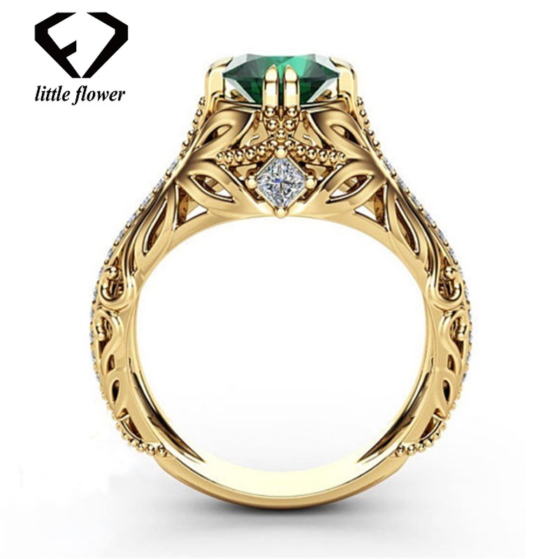 14K Gold Diamond Emerald Wedding Ring Jewelry Ornament Etoile Anillos diamond Bizuteria for Women Emerald Jade 14K Gemstone Ring LY191217