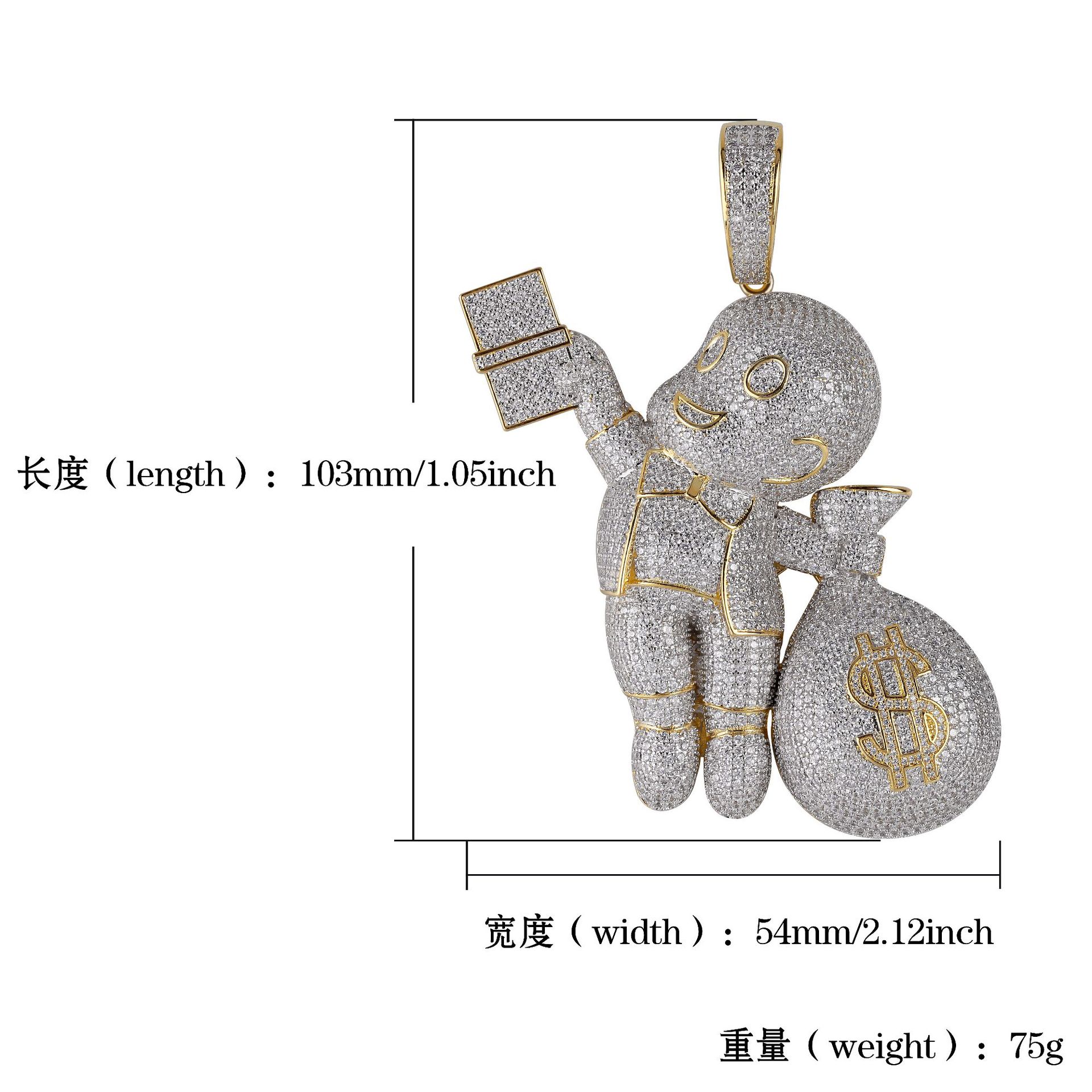 New Personalized Gold Plated Hip Hop Cartoon Boy with Big Money Bag Pendant Necklace Twisted Chain Iced Out CZ Zirconia Jewelry Gifts