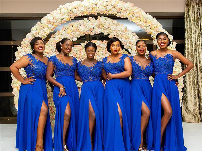 South African Blue Bridesmaid Dresses Black Girls Split Country Garden Formal Wedding Party Guest Maid of Honor Gowns Plus Size Custom Made