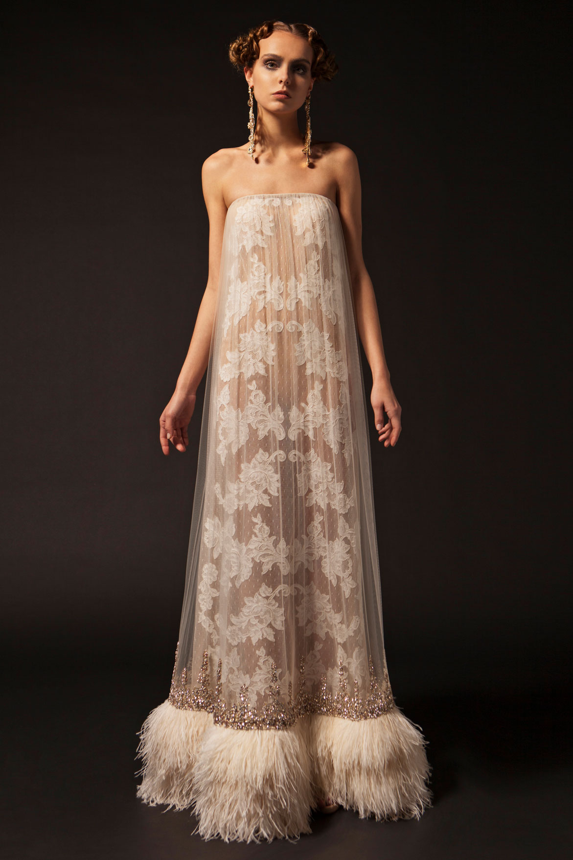 Krikor Jabotian 2019 Feather Prom Dresses Strapless Lace Applique A Line Beaded Formal Party Dress Vintage Backless Pageant Evening Gowns