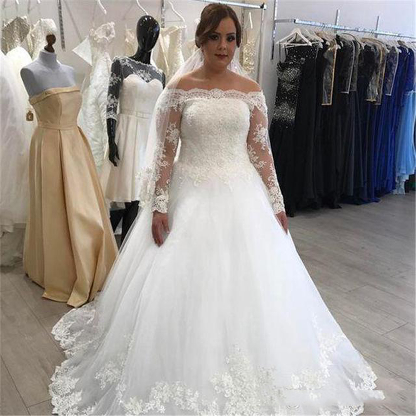 Custom Long Sleeves Plus Size Lace Wedding Dresses 2020 with Appliques Off Shoulder Sweep Train Tulle Wedding Bridal Gowns, White
Custom Long Sleeves Plus Size Lace Wedding Dresses 2020 with Appliques Off Shoulder Sweep Train Tulle Wedding Bridal Gowns, White