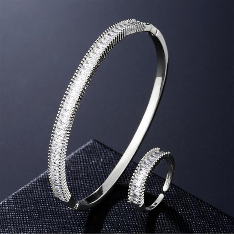New Sparkling Jewelry Set High Quality 925 Sterling Silver&Gold Fill T Princess Bangle White 3A Cubic Zircon Party Women Wedding Ring Gift