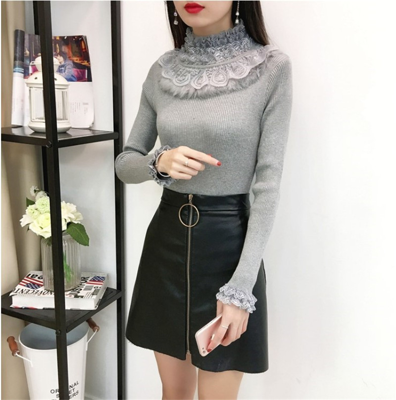 Autumn Winter Women Sweater Pullover 2019 New Lace shirt Long Sleeve Ruffled Slim Pull Knit Half Turtleneck Sweater Female ZZ643